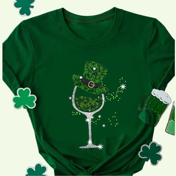 St. Patrick's Day T-Shirt Shamrock Wine Glass - Picture 8 of 13